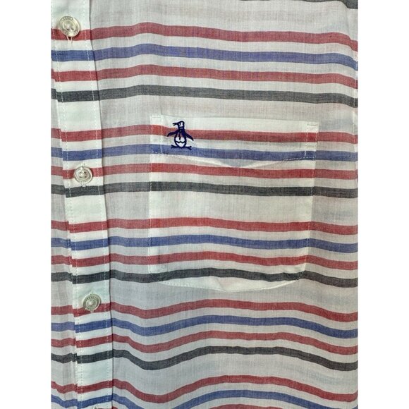 Original Penguin 100% Cotton Mens Striped Red White and Lightweight Shirt Large - Picture 3 of 7